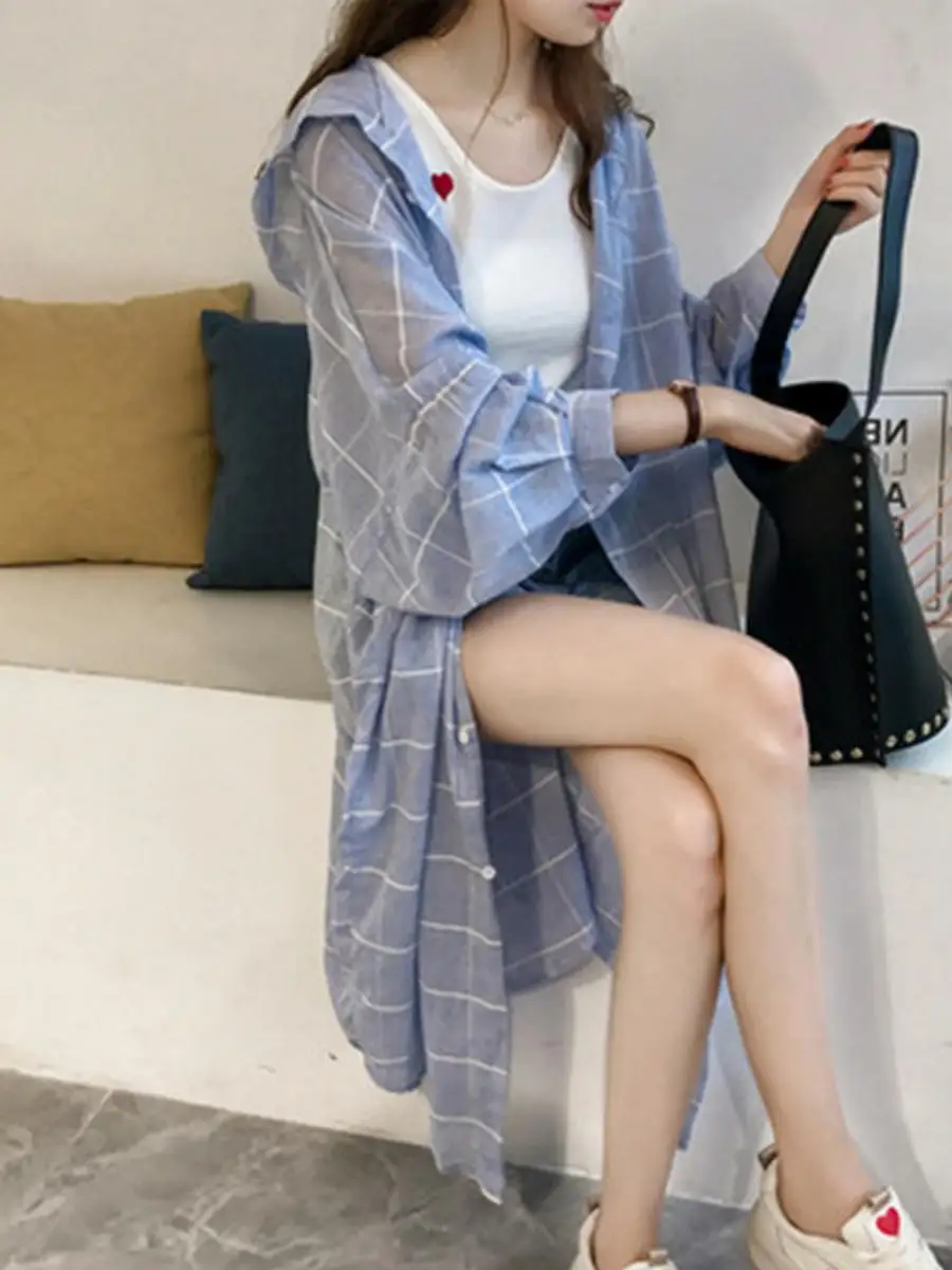 Women's Summer BF Loose Plaid Shirt Thin Outerwear Midi Length Checkered Pattern Button up Long Sleeve Straight Cut Coat