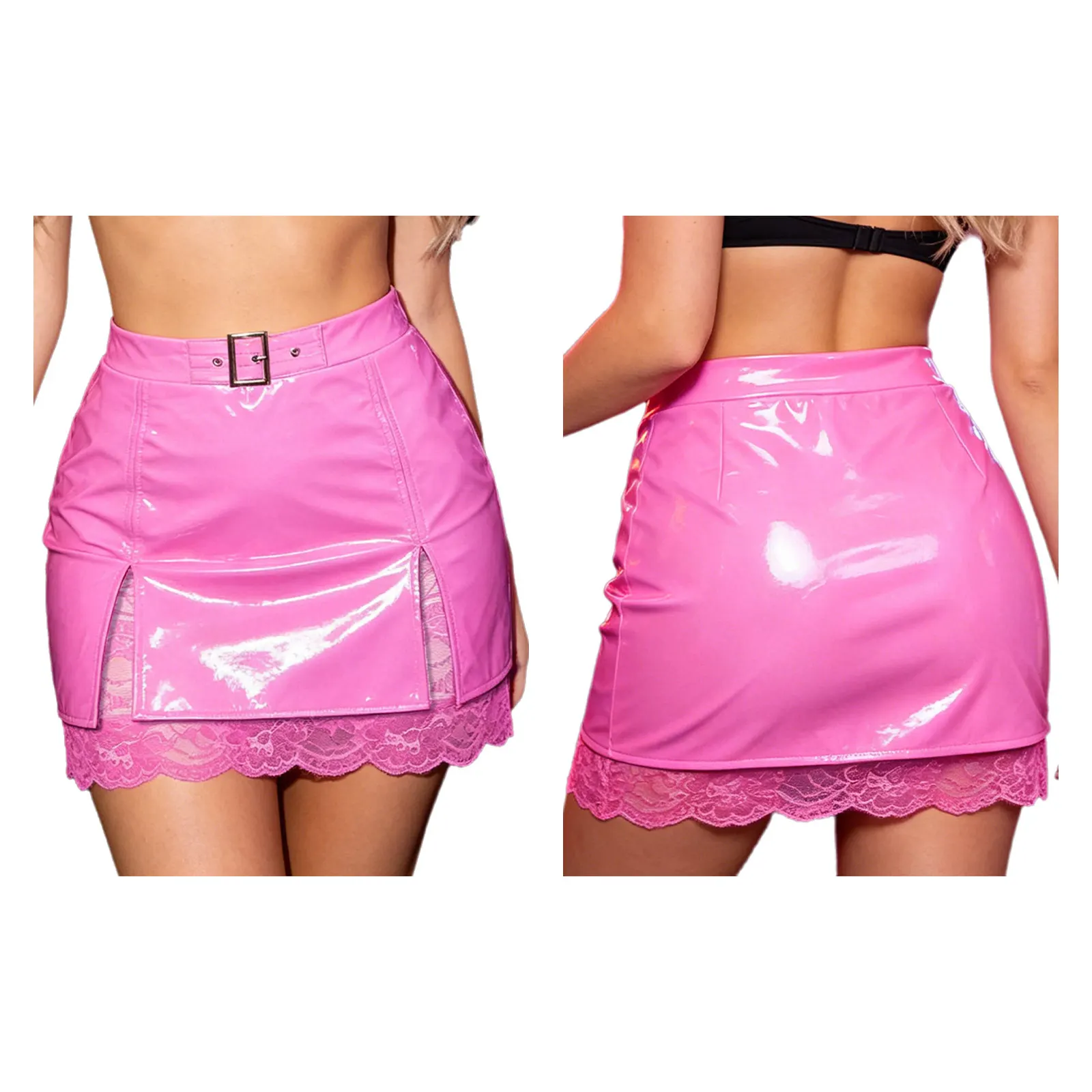 Women High Waist Split Hem Wet Look PU Leather Sheer Lace Bodycon Mini Skirt for Nightclub Rave Party Music Festival Streetwear
