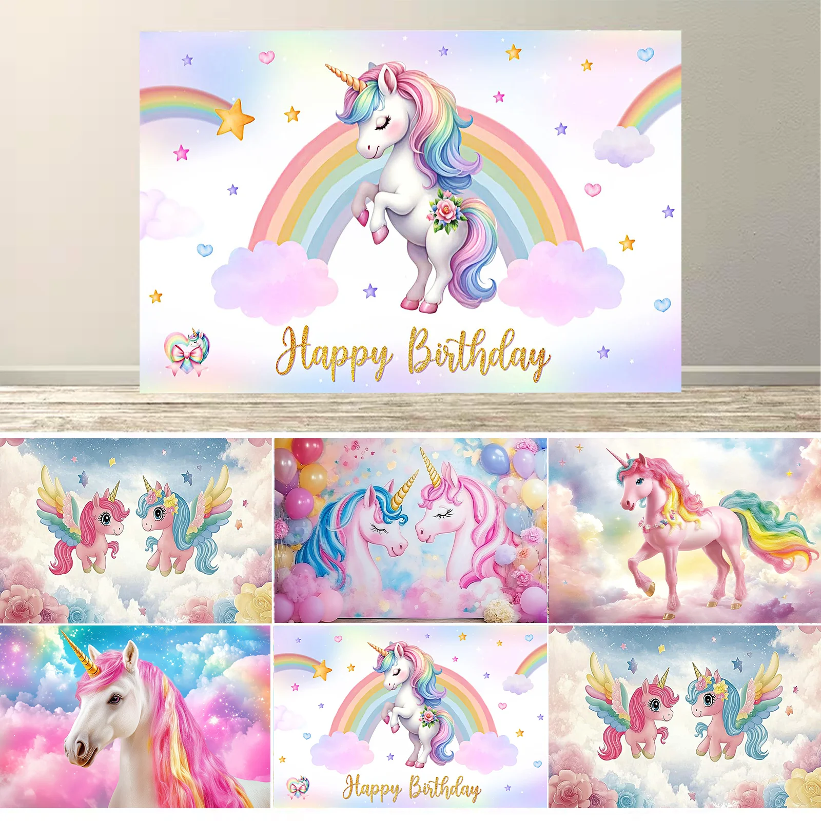 Unicorn Birthday Decorations Backdrop For Girls Rainbow Glitter Stars Dots Happy Birthday Banner Photo Booth Props