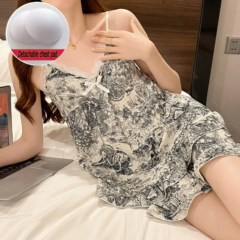 New temperament suspender pajamas women's chest pad suit bubble wrinkle summer home clothes