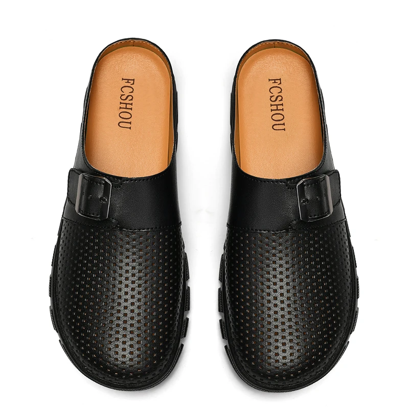 

2026 Summer New Genuine Leather Soft Sole Platform Slippers Hollow Out Sandals Men's Shoes Outside Slides Sandals Big Size 38-48