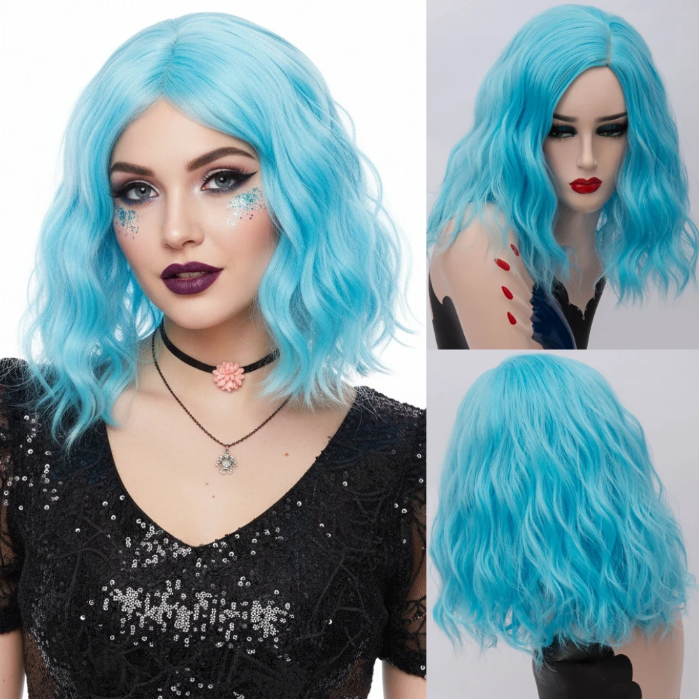 

Женский синтетический короткий волнистый синий парик, идеально подходящий для косплей-вечеринок, ежедневных развлечений, средняя часть, термостойкий