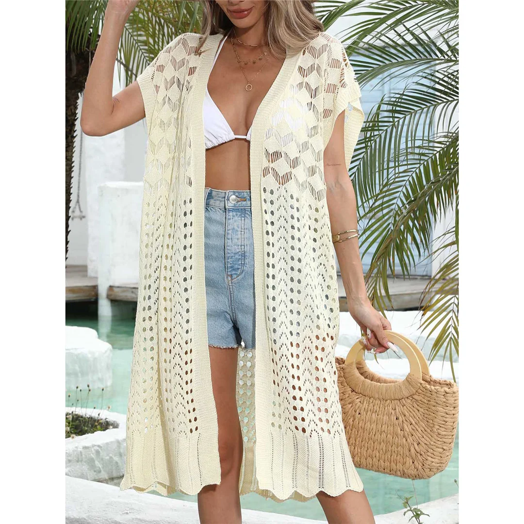 S - XL Kurzarm-Tunika mit Aushöhlungen, gehäkelt, Strand-Überwurf, Strandkleid, Mini-Strandkleidung, Strandmode, Damen, V6592 – Detail 5