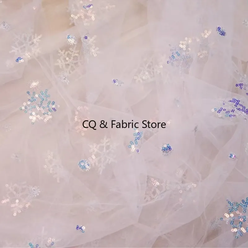 Soft skin-friendly mesh fabric snowflake Christmas sequin embroidery mesh gauze fashion fabric DIY dress children's clothing