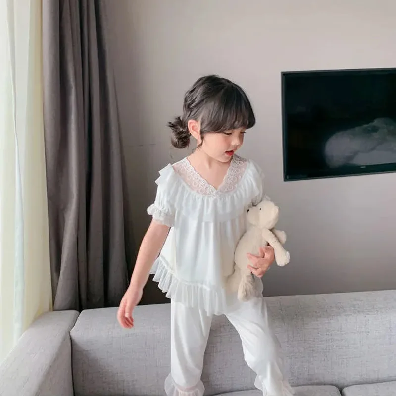 Girls\' Cotton Pajamas Summer Suits 2022 New Solid Color Princess Style Home Clothes Lace Mesh Yarn Decoration Girls Nightdress