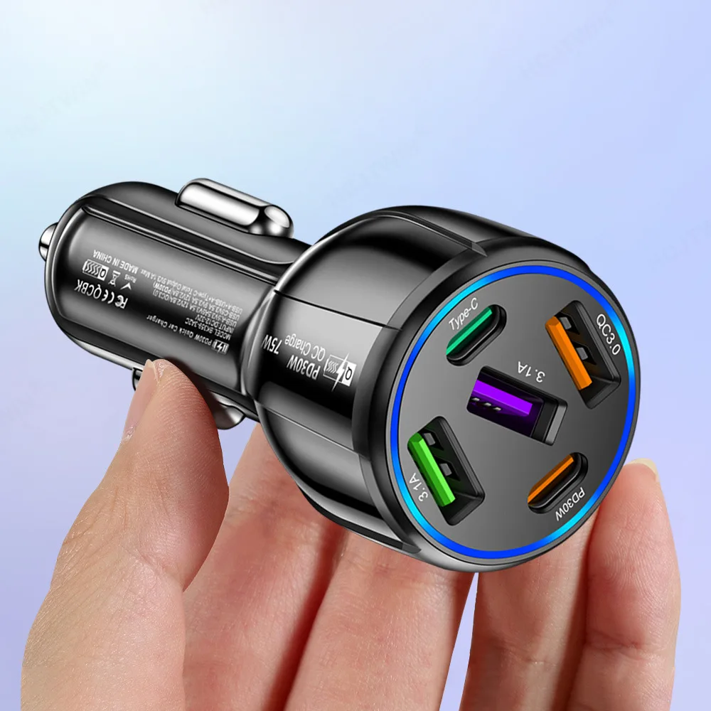 75W 5-Port USB PD Car Charger Adapter 3USB-A+2USB-C PD QC3.0 Fast Charging for 15 15 Plus 15Pro 15Pro Max for Mate60 Pro