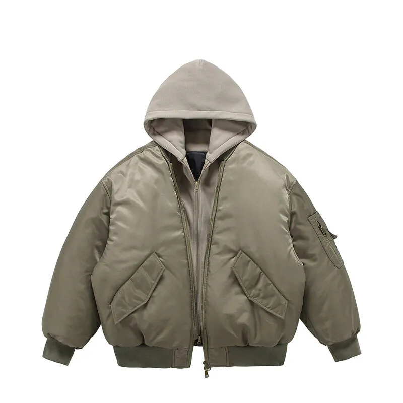 Fake Two Pilot Cotton Jackets Mens Winter New High Street Trend Thickening Hooded Bomber Coats Multiple Pockets Short Parkas