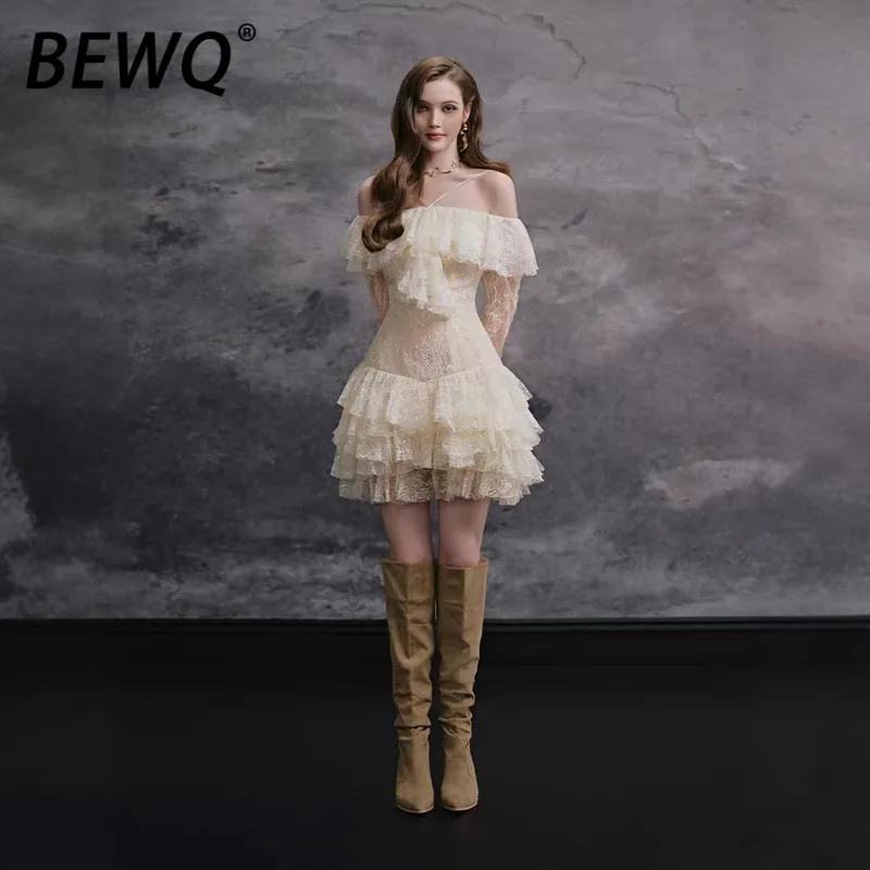 

Модное женское элегантное платье BEWQ без бретелек, с длинными рукавами из кружева, с завышенной талией, для вечеринок, весна 2026, новинка