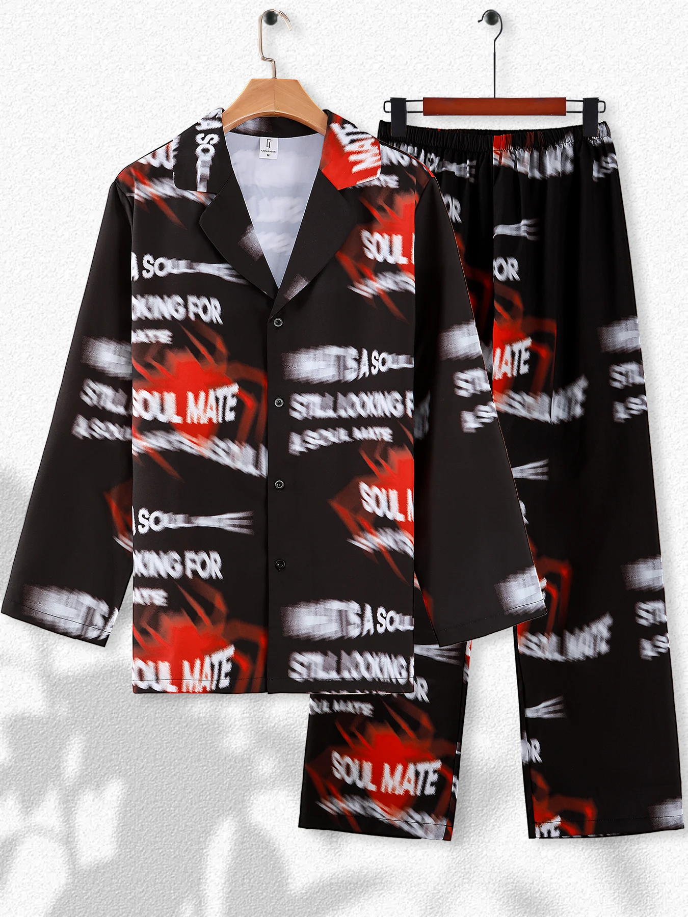 Men's Trendy Text Print Outfits, Loose Lapel Shirt & Elastic Waist Pants Set