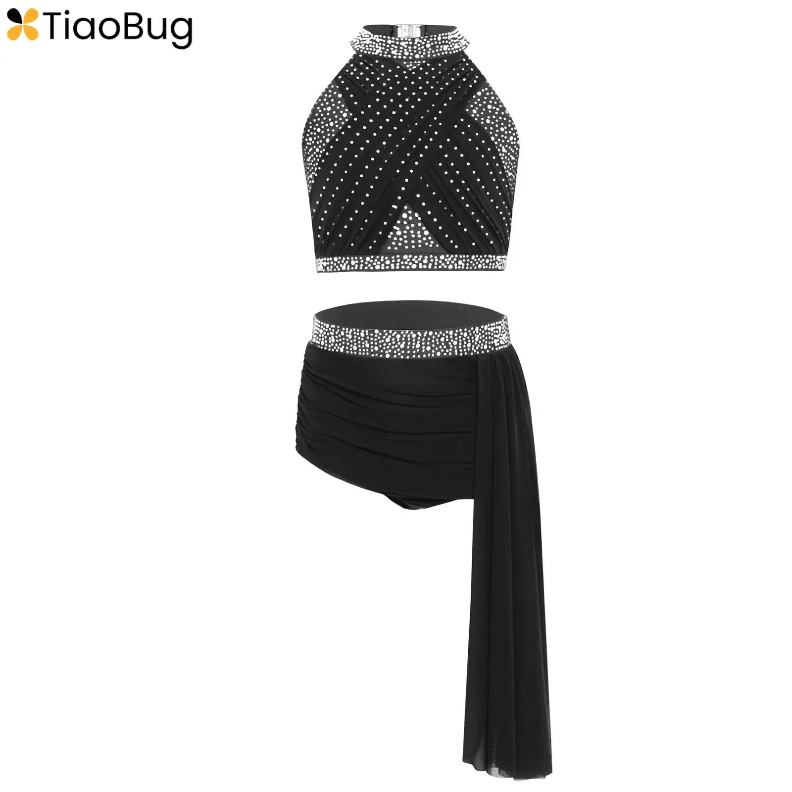 

Kids Girls Lyrical Dance Outfit Halter Sleeveless Strappy Back Cross Mesh Shiny Rhinestones Crop Top+Ruched Mesh Skirt Dancewear