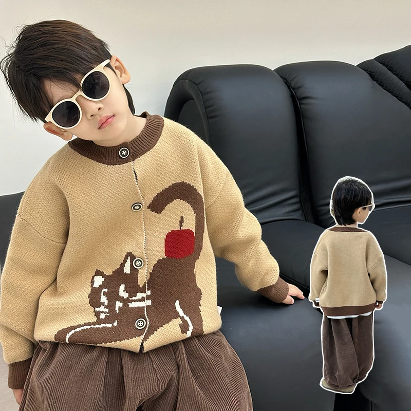 

Kids Sweater Age 2-11Y Baby Boy Casual Fashion Spring&Autumn Cartoon Cat Knitwear Tween Vintage Outfit Child Daily Style Knitted