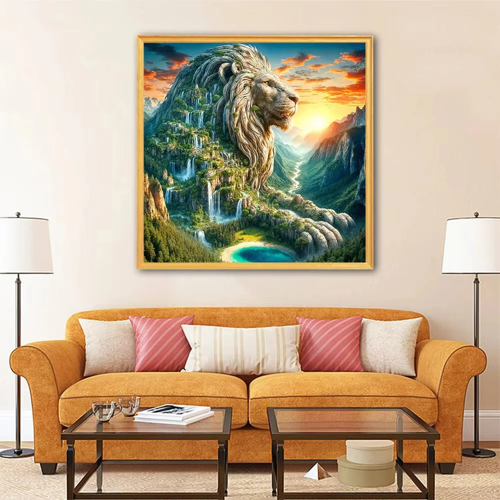 

Цифровая картина своими руками, мозаика с изображением льва, гор и деревьев, декор для дома и гостиной, ремесленное искусство