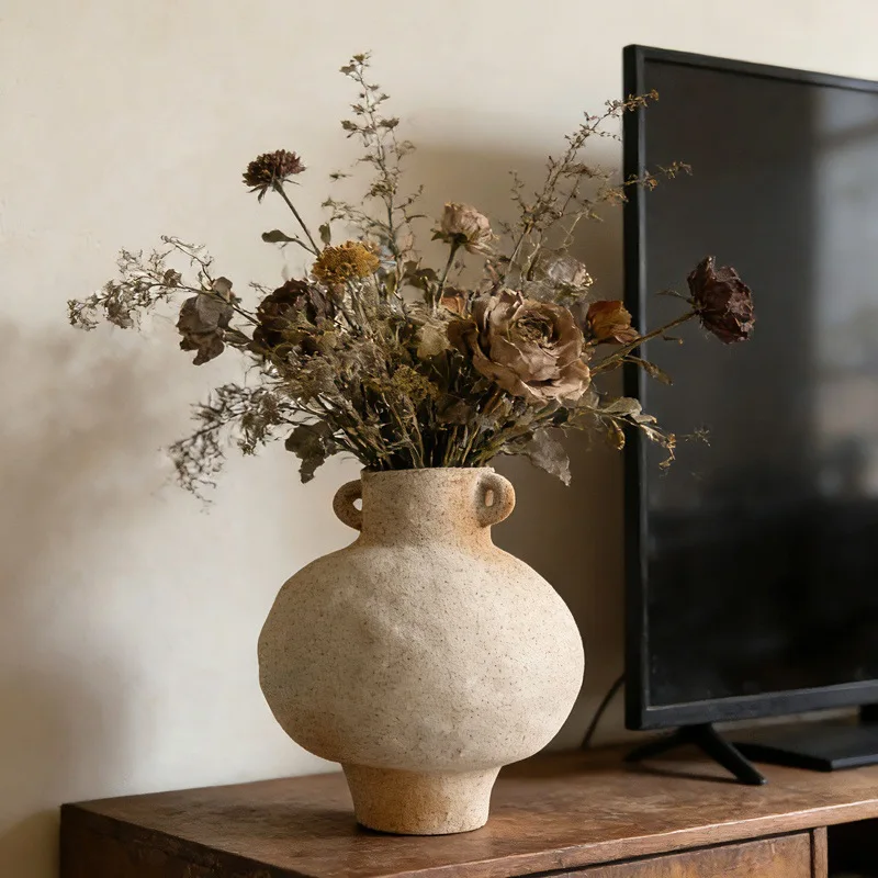Retro flower ware binaural vase coarse pottery wabi-sabi medieval pottery pot model room B & B ceramic decoration ornament