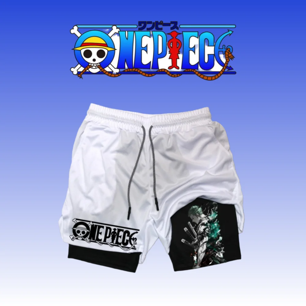 Shorts masculinos de uma peça, shorts dois em um de camada dupla, rononoa zoro anime japonês verão puro algodão falso shorts de duas peças