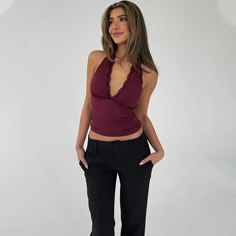 Candyhot V-Neck Sexy Lace Edge Halter Slim Backless Casual Solid Crop Tops Y2K Summer Fashion Streetwear Daily Sweet Cute Vest image 5