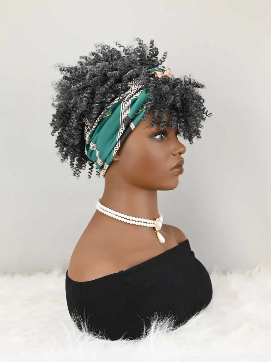Headband Wig Curly Headband Wig With Bangs For Women Synthetic Afro Curly Hair Wig With Headband Attached Short Kinky