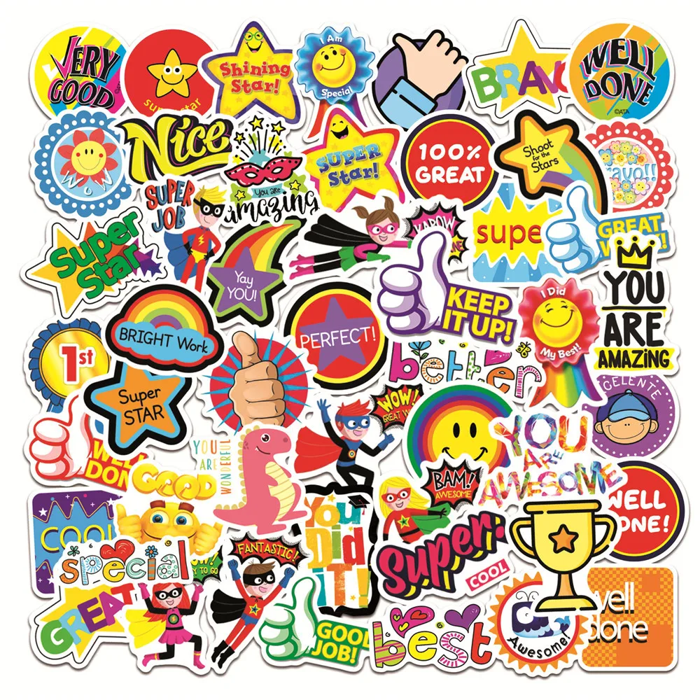 50pcs Children's Reward Series Graffiti Stickers Suitable for Helmet Desktop Wall Decoration DIY Sticker Pack with Storage Box