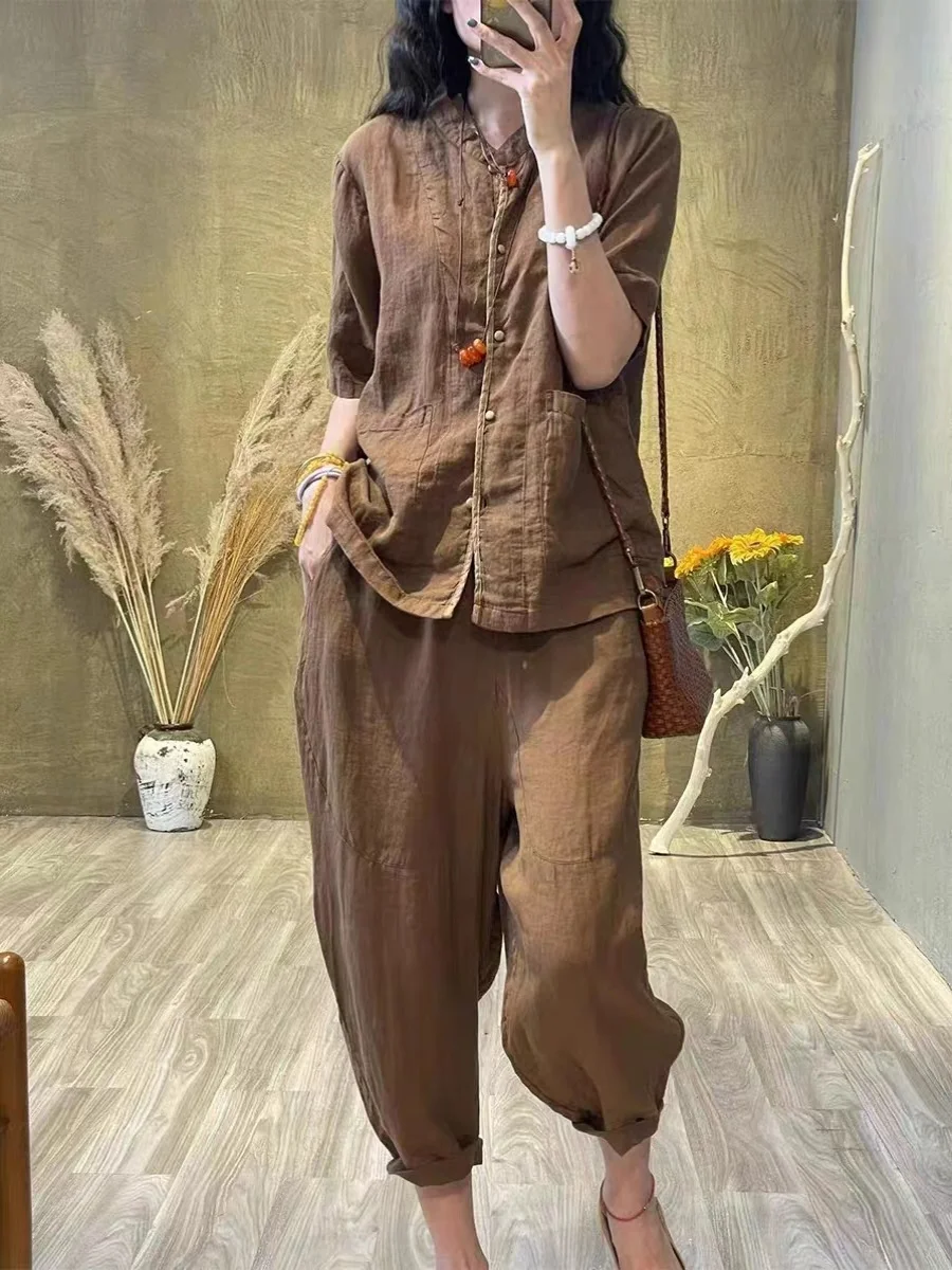 

Retro Artistic Cotton Linen Women's Summer irt Casual Versatile ort Sve Blouse for 25-35 Years Old Women