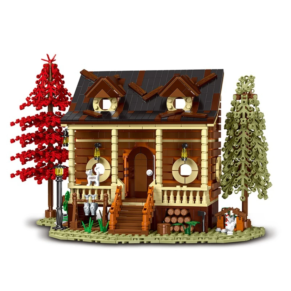 MOC Forest Cabin Cozy Cottage Wood House Building Blocks Set Tree Hut Wtih Light Toys For Children Birthday Holiday Special Gift