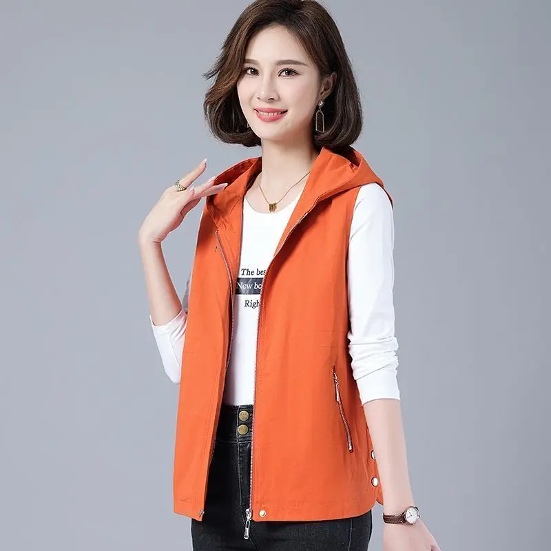 Vest Jacket Women Long Waistcoat Outerwear 2024 New Spring Autumn Middle Aged Loose Sleeveless Hooded Casual Khaki Black Tops