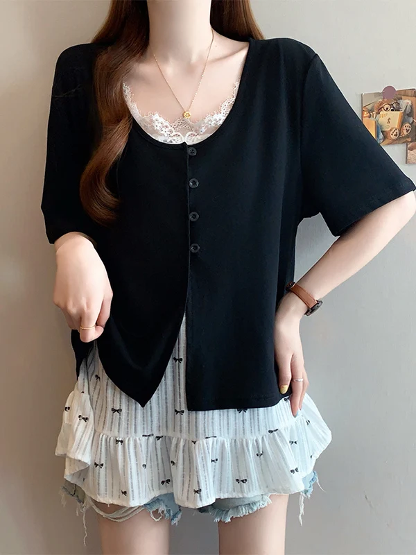 

Летняя повседневная универсальная футболка больших размеров для женщин: стильный топ с коротким рукавом, круглым вырезом и эффектом утяжки, скрывающий недостатки фигуры