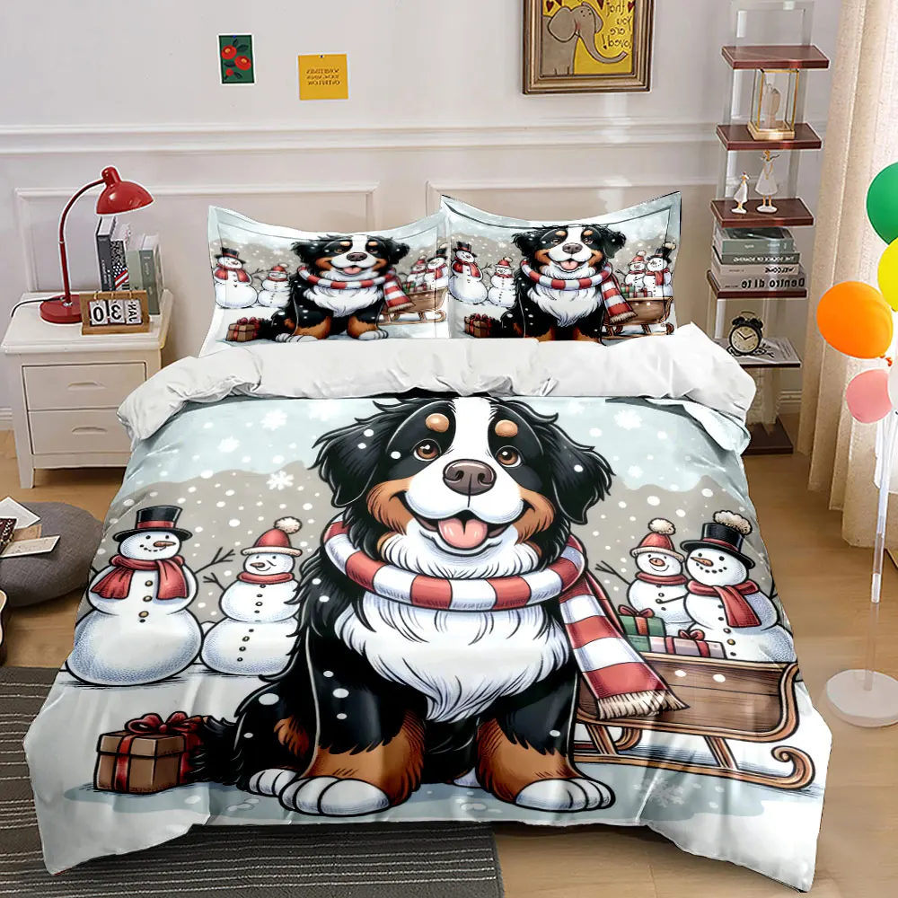 A cozy dog in a snowy scene with snowmen and gifts Print Duvet Cover Bedding Set Included 1*Duvet Cover 2*Pillowcases