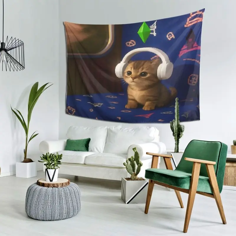 VIKAMA Wall Tapestry Healing Game Earphones Cat Tapestry Pixel Wind Simulated Life Elements Printed Print Tapestry Hanging