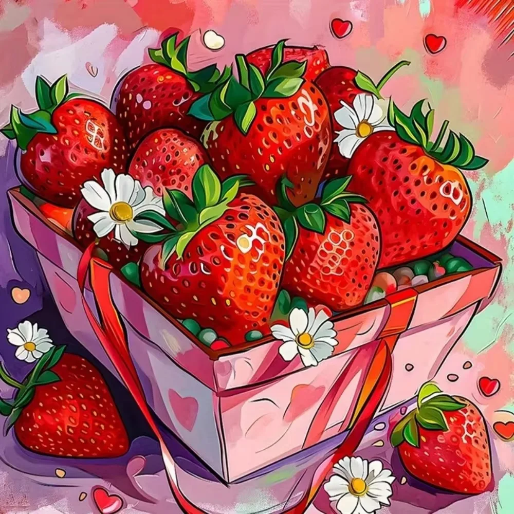 500PCS/1024 PCS Jigsaw Puzzle Strawberry Bouquet Box White Daisy Hearts Pink Background Fruit Art DIY Leisure Home Decor Gift