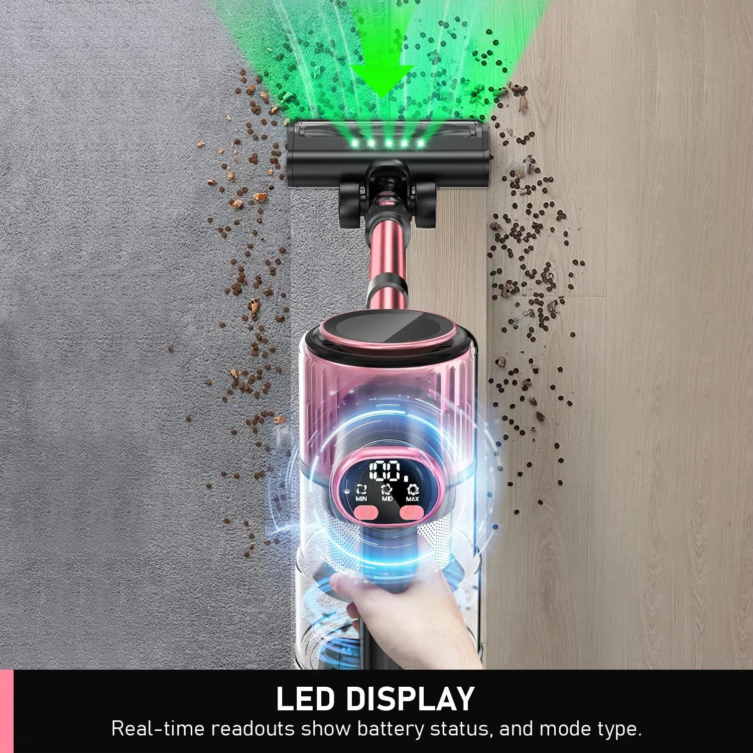 مكنسة كهربائية لاسلكية وردية، مضادة للتشابك، شاشة LED، 3 أوضاع شفط، LED أخضر، مكنسة كهربائية خفيفة الوزن