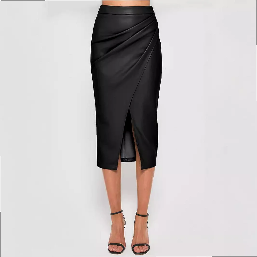 Women PU Leather Side Slit Skirt High Waist Zip Pleated Midi Skirts Bodycon Pencil Skirts Spring Summer