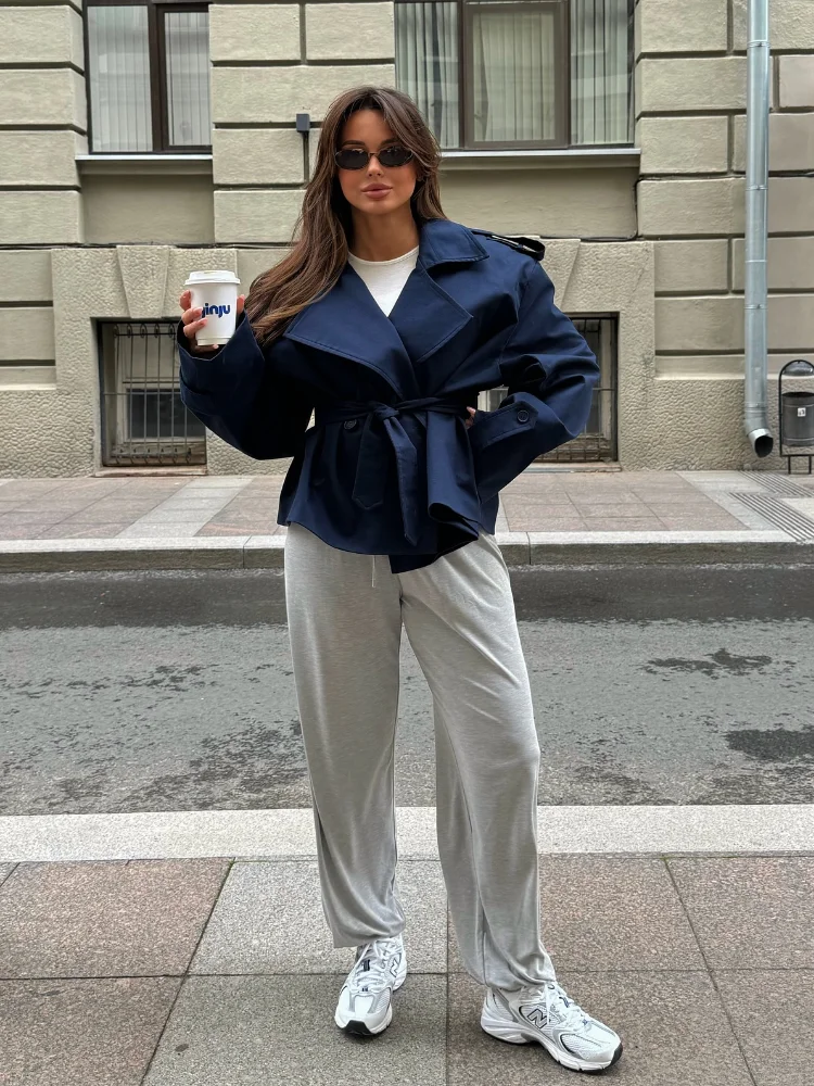 

Solid Lace Up Trench Coat Women Chic Wide Shoulder Lapel Long Sleeves Windbreaker Jacket 2025 Lady Autumn Commute Daily Jackets