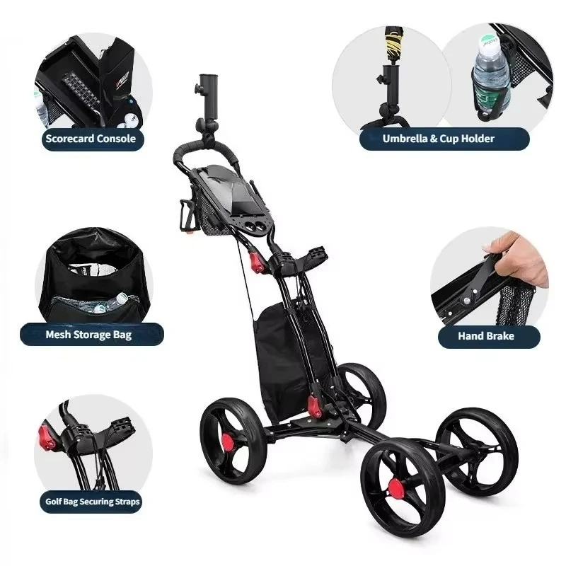 PGM Foldable 4 Wheel Golf Push Cart Manual Brake Equipped Umbrella Holder & Water Bottle Holder Lightweight Hand Trolley