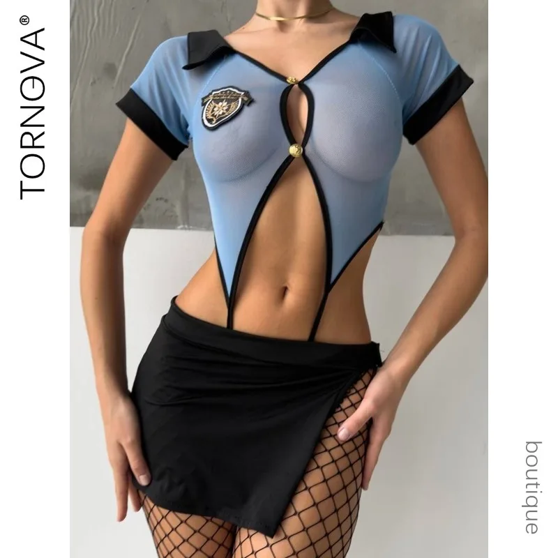Tornova Preppy Style Sexy Uniform Sets For Women 2024 V Neck Sheer Top+Lace Up Mini Skirt+Thongs Hollow Out Cosplay Porn Suits