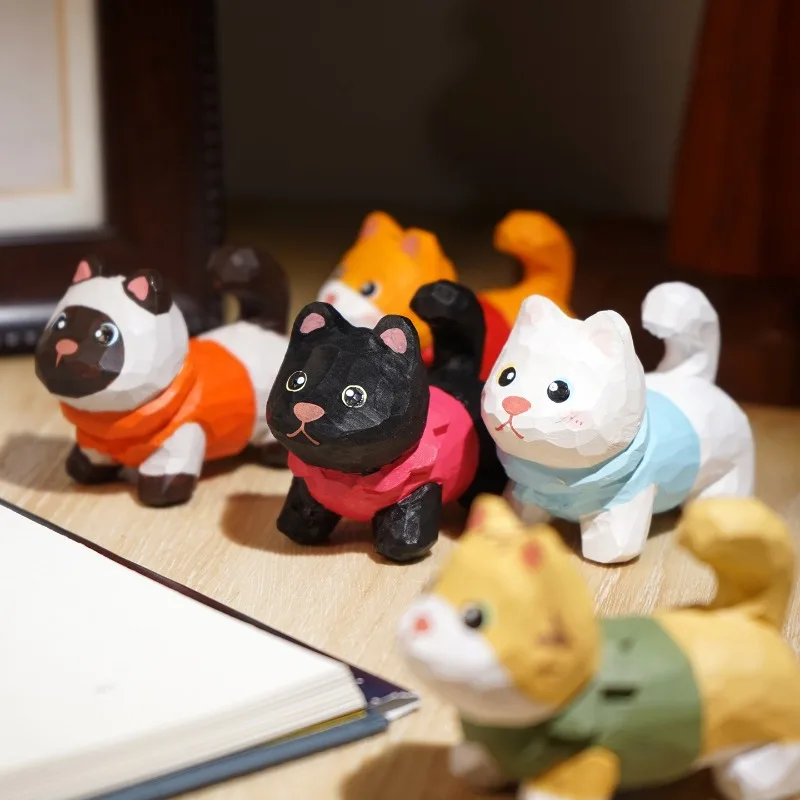Cute Hand Carved Wooden Sweet Cat Figurines Lovely Cartoon Kitten Ornament Creative Home Office Desk Decoration Handmade Craft
