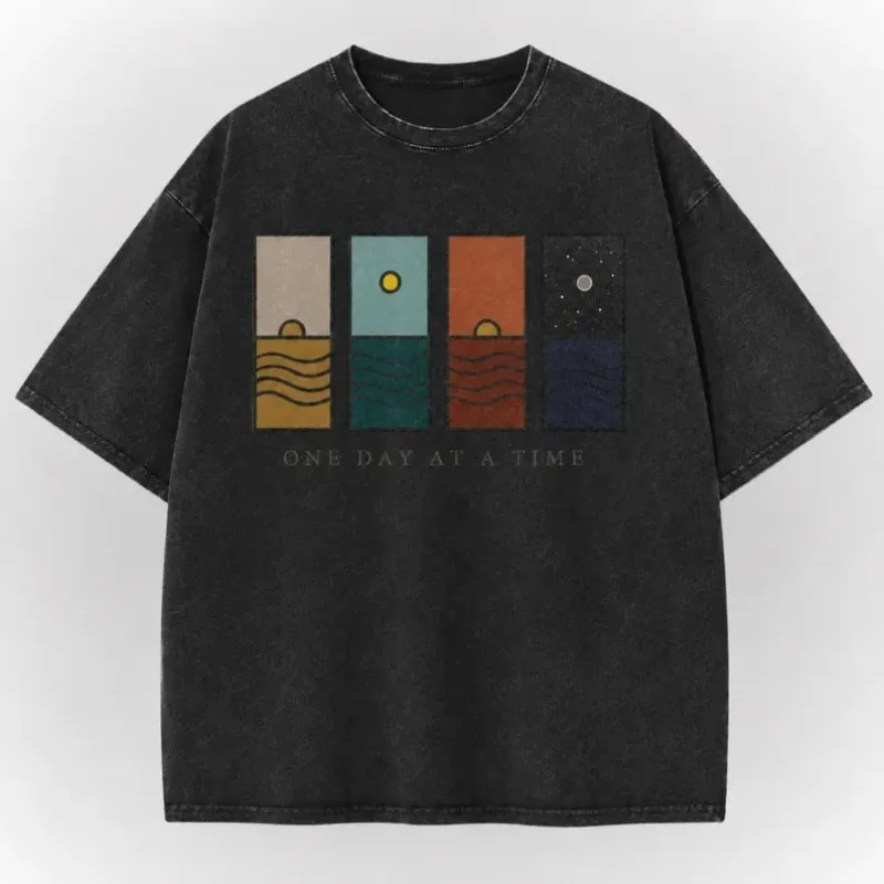 One Day At A Time Acid Wash T-Shirt Oversized Vintage Graphic Tees Minimalist Sunset Shirt Inspirational Unisex Streetwear Tops