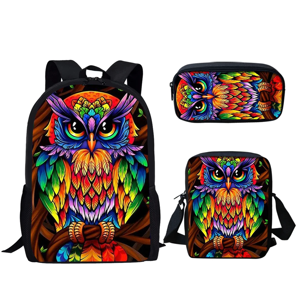 

Colorful Owl Animal Pattern 3Pcs School Bag Set Girls Boys Adjustable Shoulder Strap Backpack Student Campus Daily Book