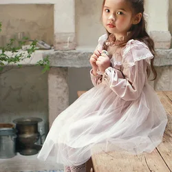 Children Clothing Kids Casual Dress Spring Autumn 2024 New Korean Style Girls Vintage Lace Princess Yarn Long Sleeve Dress