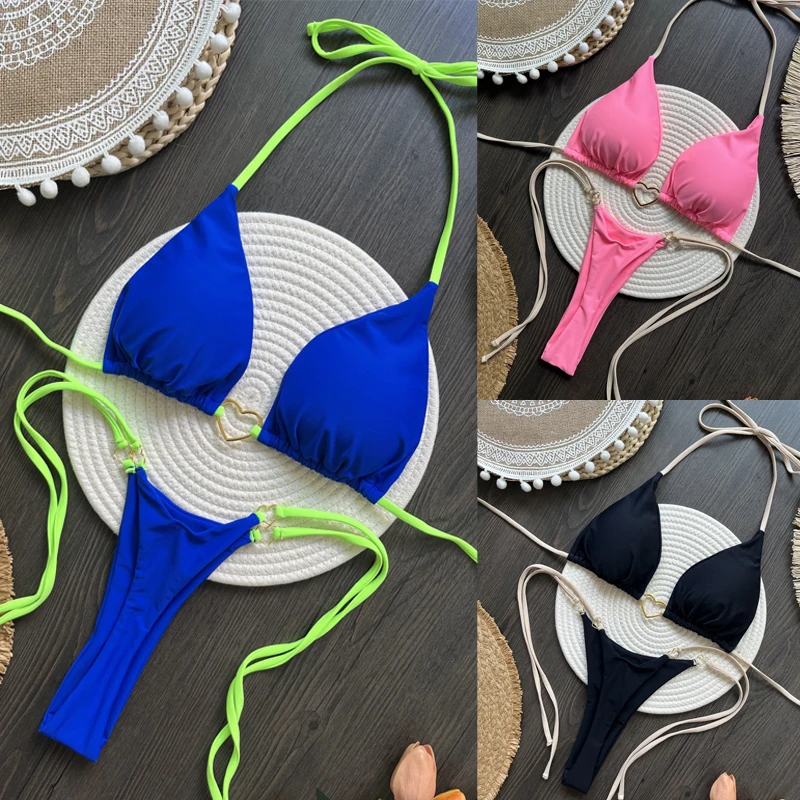 

Sexy Halter Solid Color Bikini Set Women's Swimsuit Two-piece Triangle Thong Swimwear Bathing Suit Women Brazilian Biquinis