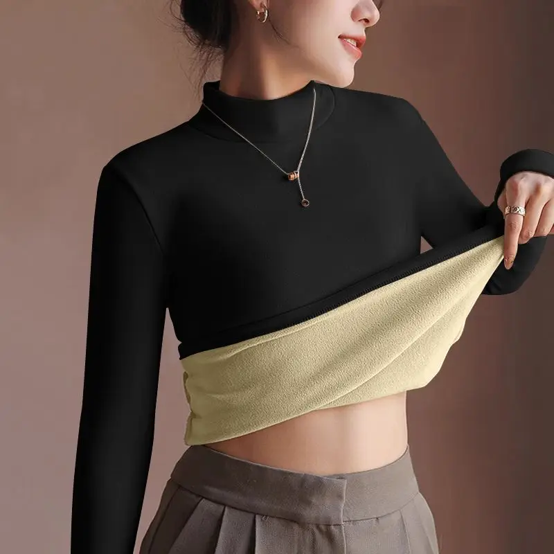 النساء الشتاء القمم الحرارية الحميمة عالية طوق الصوف مبطن ملابس داخلية الحرارية قاع قميص التدفئة الألياف الترمس قميص #5