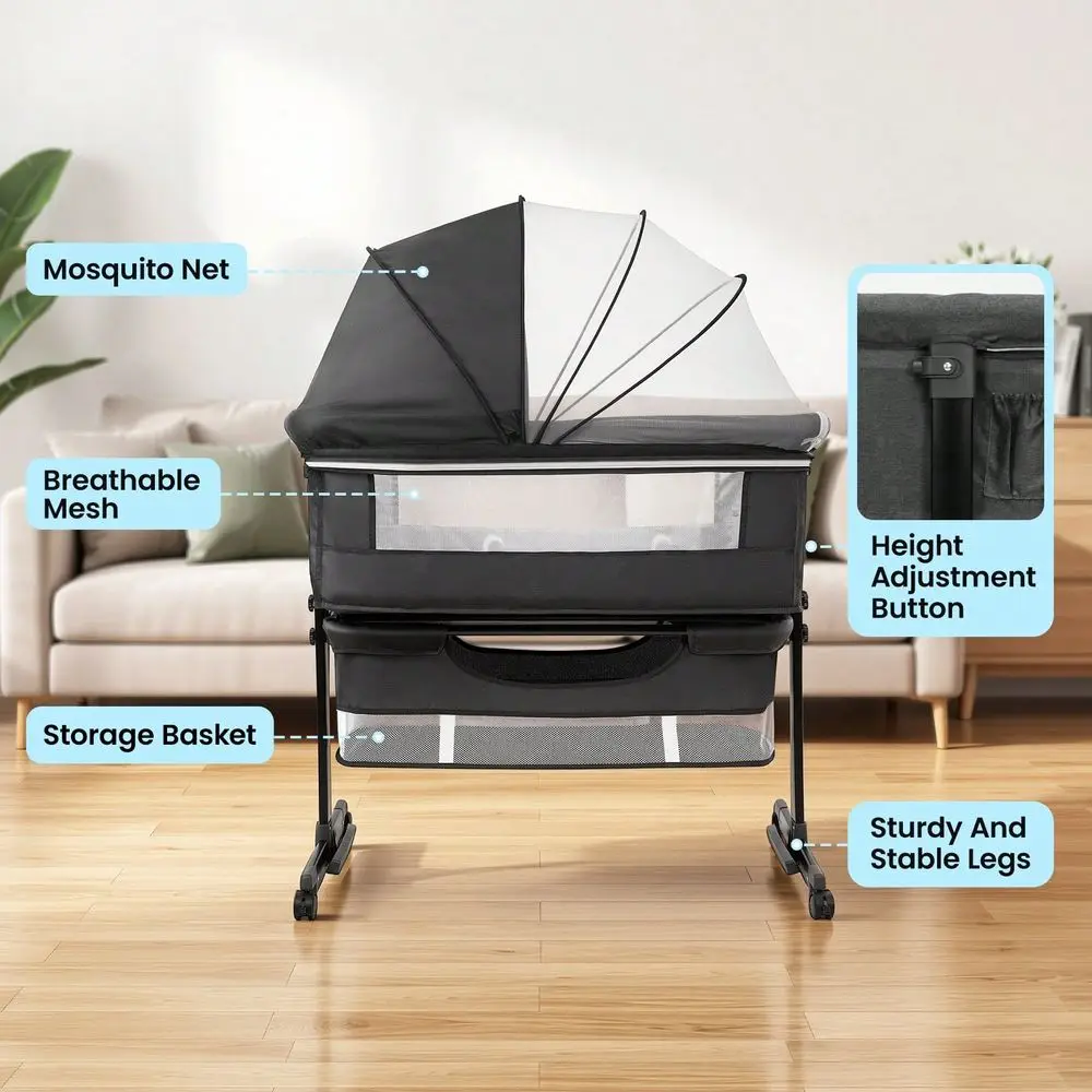 Baby Crib,Bedside Bassinet, Baby Bed With Storage Basket, Easy To Fold,6 Adjustable Height Portable Crib For Infant Baby Newbor