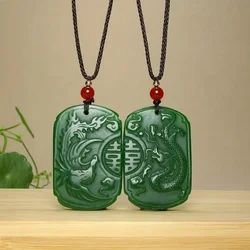 1 Pair of Dragon and Phoenix Jade Pendants Casual Charms Jewelry Light Green Hand-carved Feng Shui Fortune-making Jade Necklace