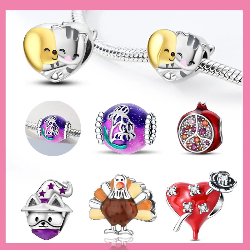 925 Sterling Silver Glue Magic Hat Puppy Beads Red Heart Rose Suitable for DIY Birthday Party Gift Jewelry Bracelet Accessories
