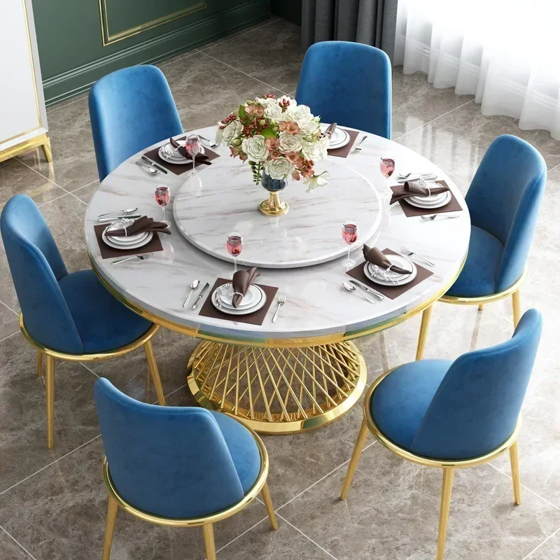 Luxury Home Furniture Gold Round Marble Dining Table Set 6 Chairs With Stainless Steel Base