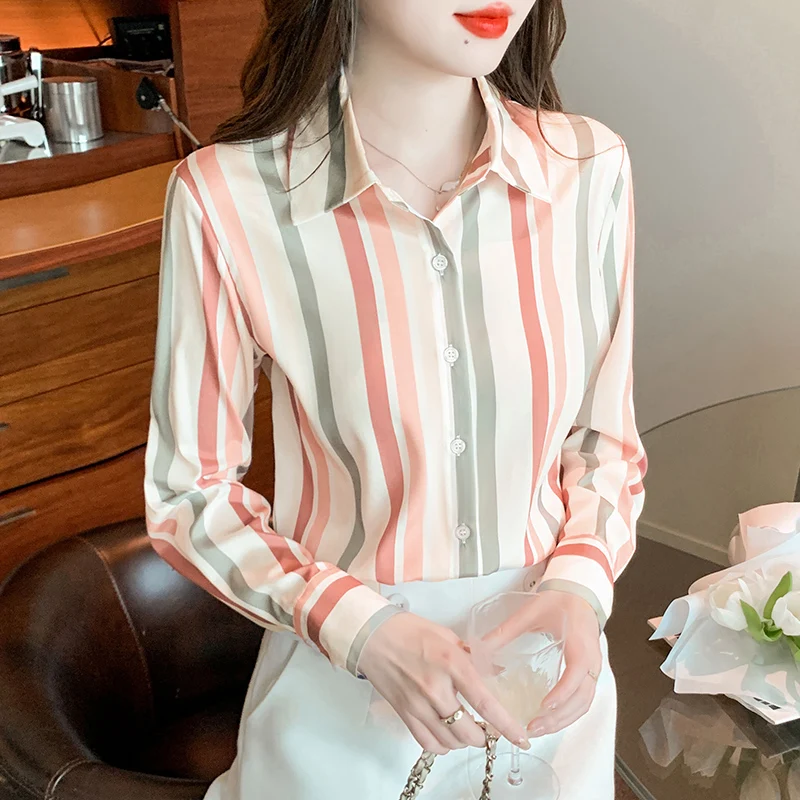 Satin Long Sleeve Women\'s Shirt New South Korea Fashion Casual Lapel Blouse Striped Loose Single-breasted Top