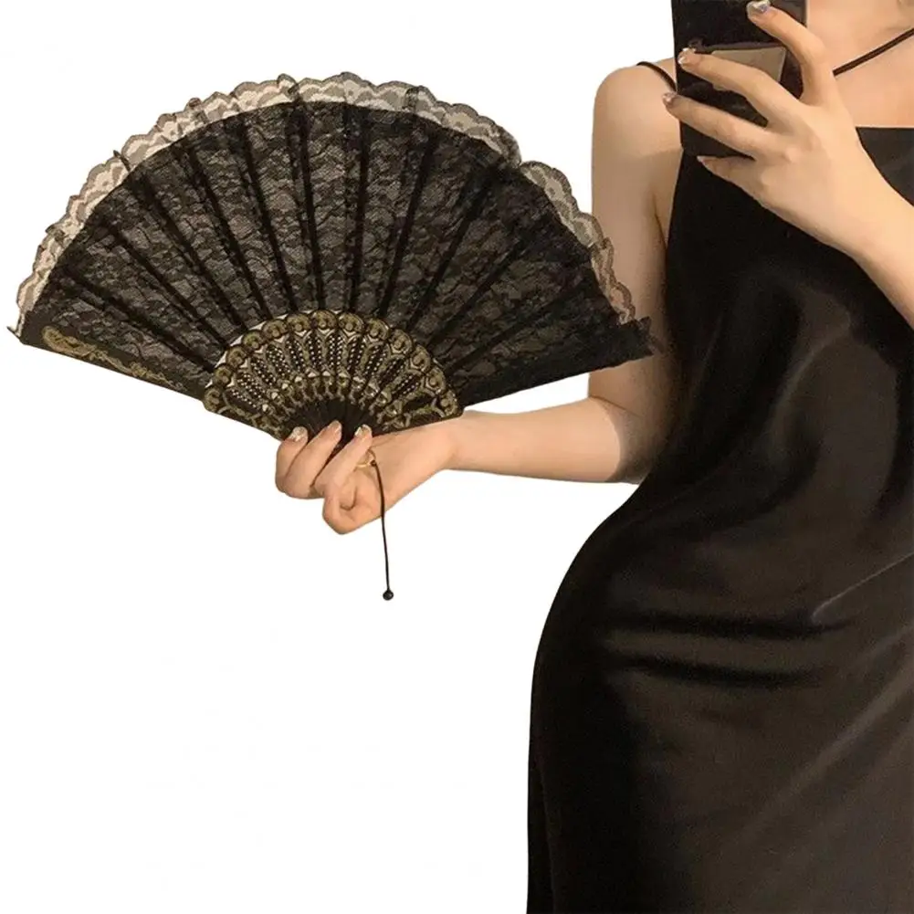 Women Hand Fan Elegant Vintage Lace Folding Fan with Tassel for Summer Parties Dance Performances Hand Held Lolita Black for Her