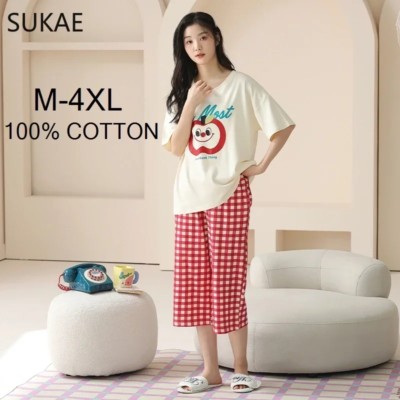 SUKAE 100% Cotton M-4XL Women Pajamas Set Summer Sleepwear Short Knee-length Pants Nightwear Capris Loungewear Cartoon Pijama