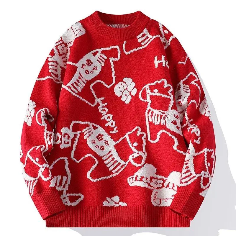 

Новый мужской вязаный свитер 2025 года: зимняя одежда для пар, красный трикотаж для подростков, повседневный свободный крой, теплый и модный