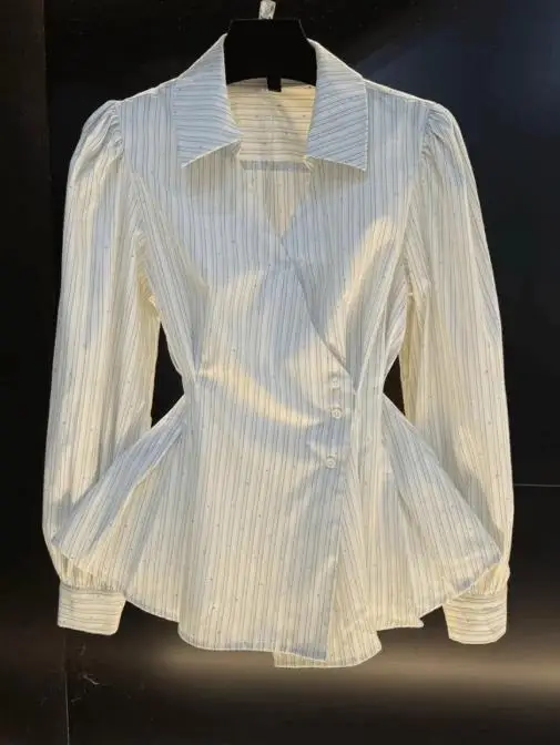 Woman Blouse 2026 New Spring Autumn Fashion Striped Temperament Turn-Down Collar Long Sleeved Waist Cinched Casual Shirt