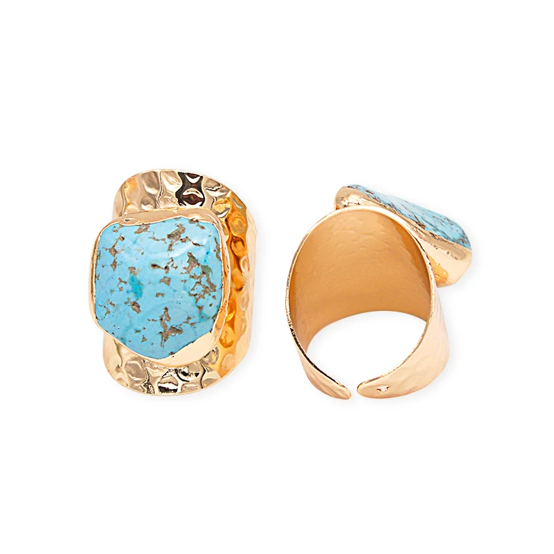 Irregular Turquoise Open Ring for Women Girls Boho Golden Handmade Rough Genuine Stone Finger Jewelry