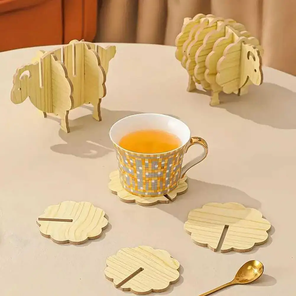 1 Set Wooden Coasters Heat Insulated Cup Trivets Tabletop Spliced Sheep Coasters Assembly Toy for Kids